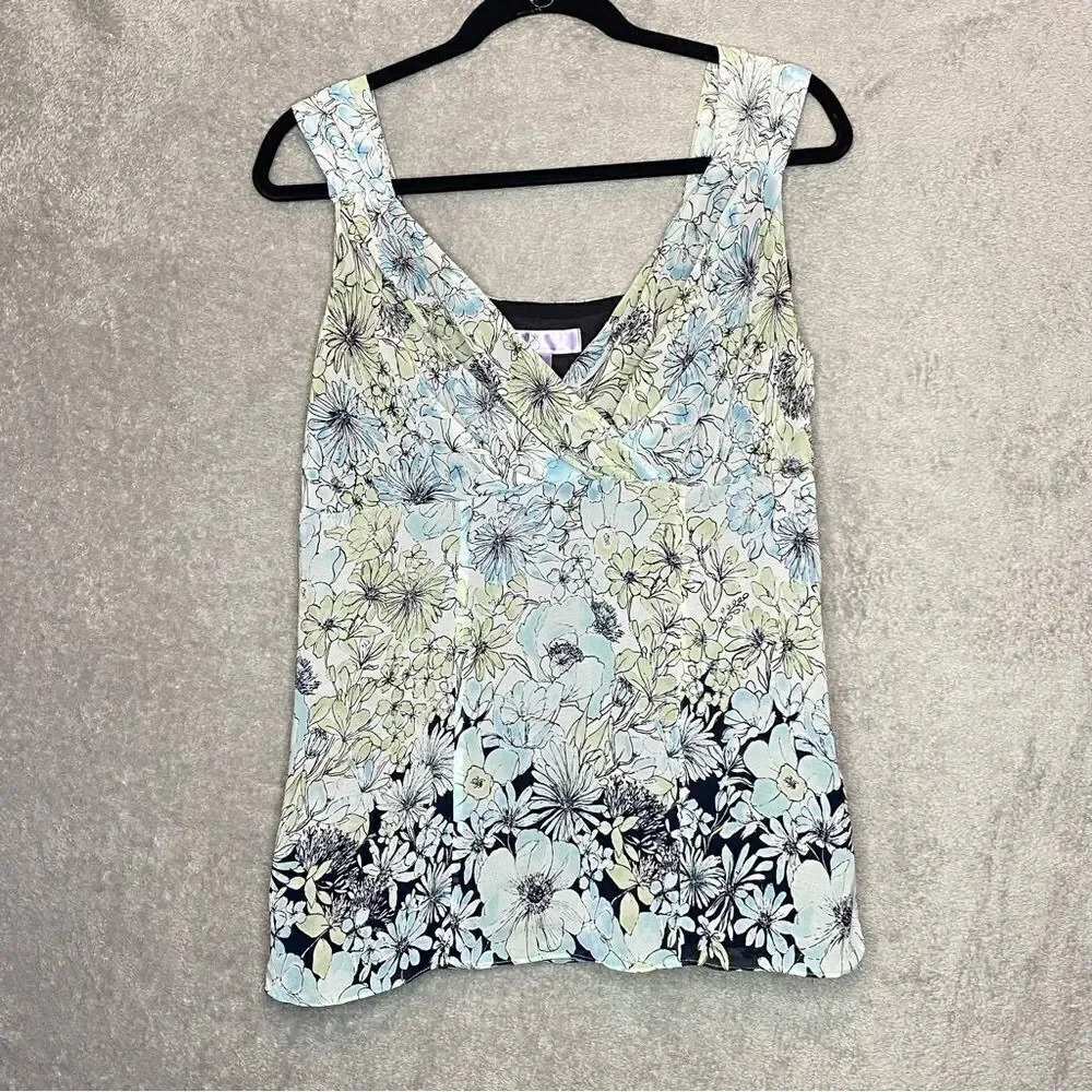 NINE & Co 10 Medium Top Shirt Blue Floral Sleeveless V Neck Zipper Close P21